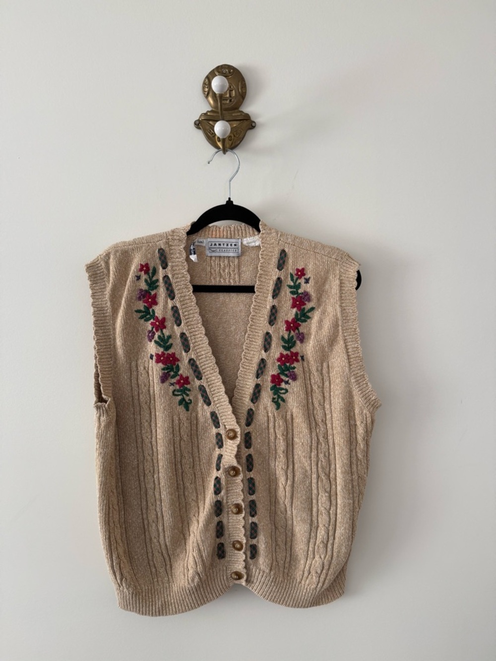 Vintage Jantzen Knit Vest wirh Embroidered Flowers and Tartan Trim